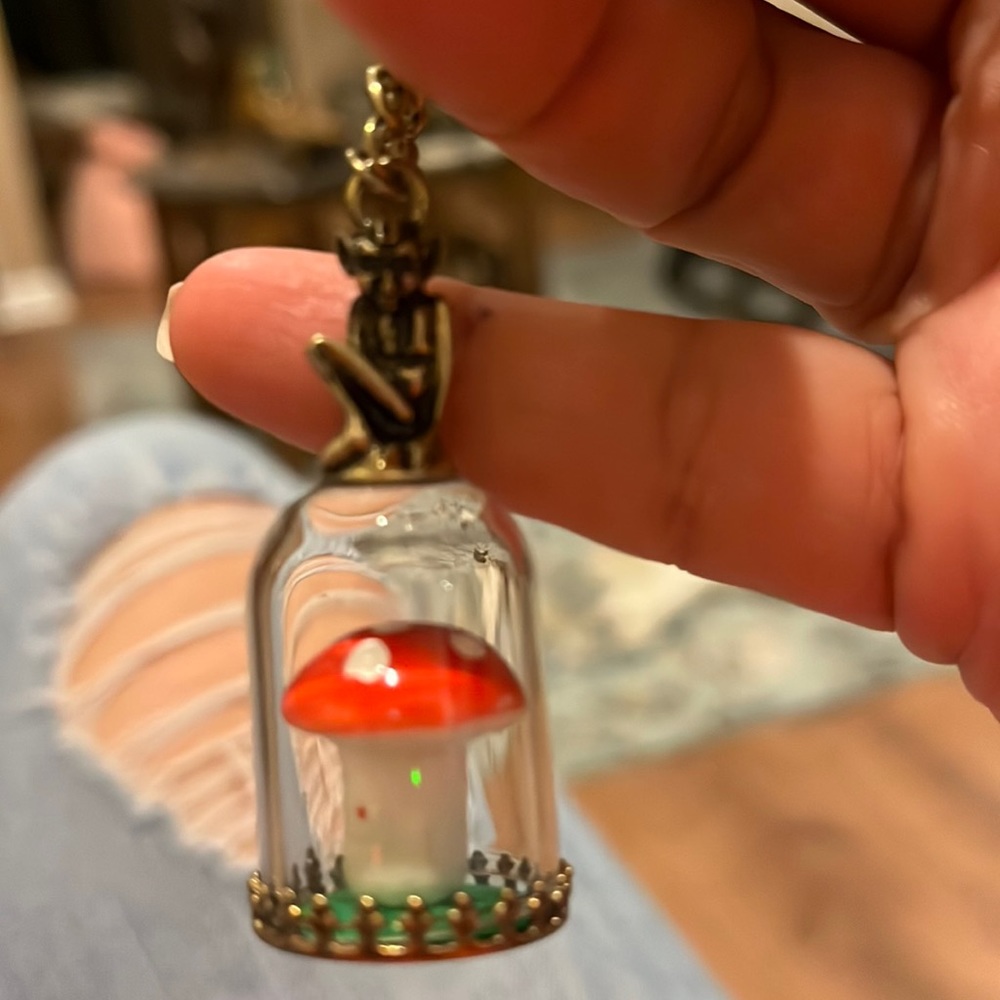 Unique mushroom under glass w troll top necklace